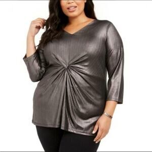 NWT Alfani Mod Shimmer Twist Front Blouse Top Shirt Metallic Gray Silver 4X